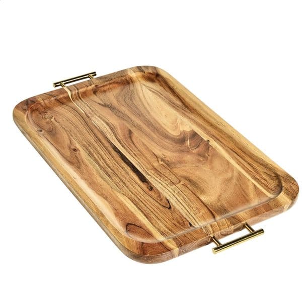 Acacia Wood Rectangle Tray with Gold Color Handles One Size 240902