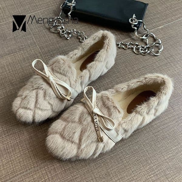 fur Plaid 46f36 flats Winter women pu butterfly-knot cotton shoes woman fairy fleeces loafers comfy plush fluffy moccasins female