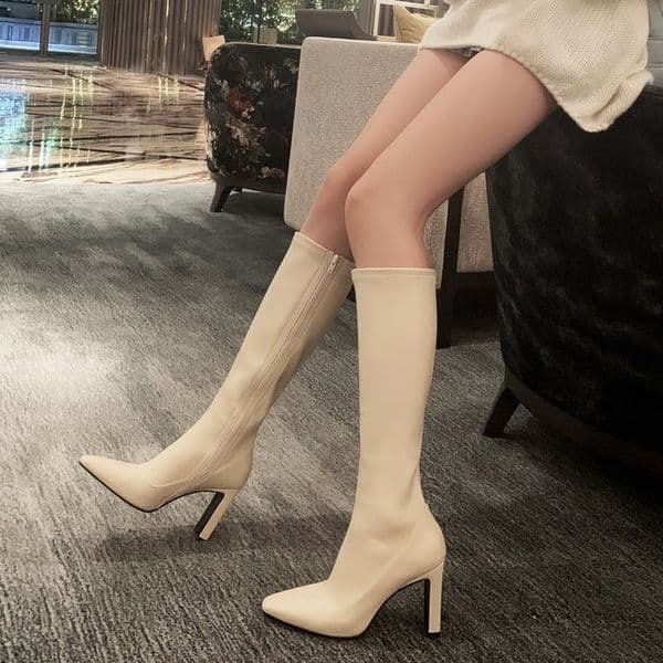 Trendy Pointed toe chelsea boots women 2021 zipper solid slim knee-high botas mujer chunky high heels long stretch botte femme