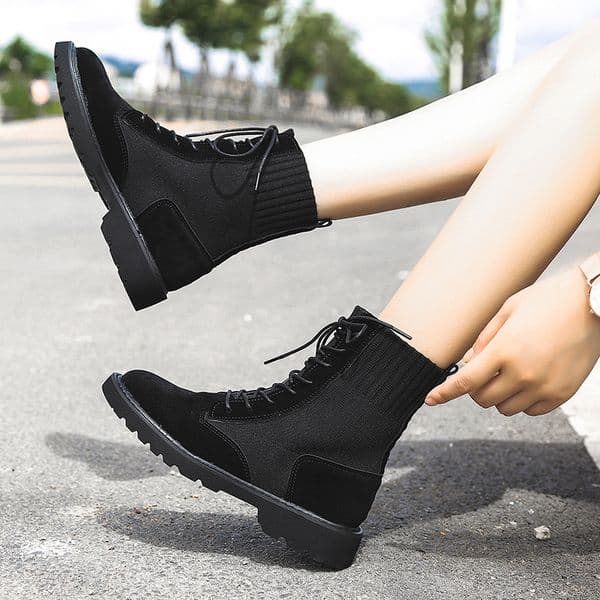 2020 lace up rubber winter boots women knitting patchwork stretch ankle boots with sock platform motorcycle botines mujer 540