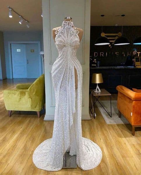 2022 New Sexy Sparkle Sequined Mermaid Dresses Crystal Beaded High Neck Side Split Long White Dress Party Gowns