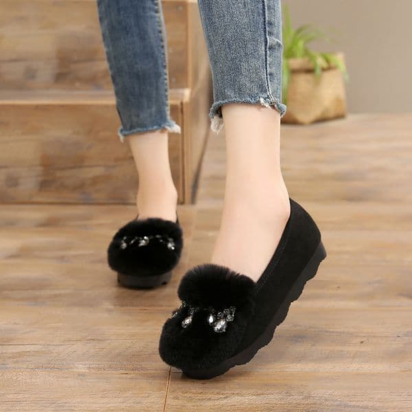Rabbit hair fur shoes winter woman plush flats crystal rhinestone furry casual creepers loafers brand korean round toe footwear