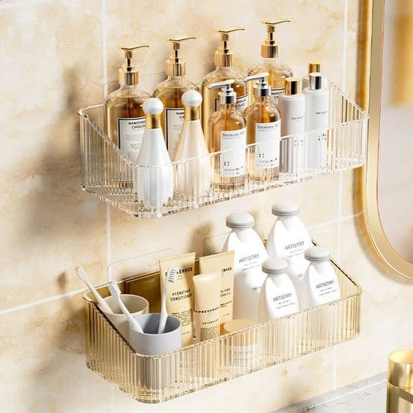 Wall mounted cosmetic storage rack with no holes plastic corners wall mounted organizer bathroom accessories 240902