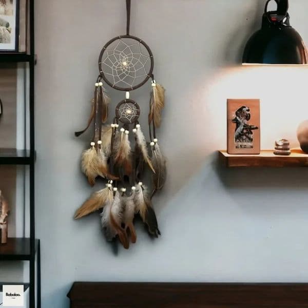 1 Pc Indian Dream Catcher with Brown Feathers - Wall Hanging Dream Catcher Bedroom Accessories - Wind Chime Dream Catcher 240902