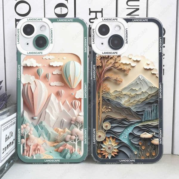 Paper Cute Landscape Creative Mountain Balloons Phone Case for iPhone 15 Pro Max 14 Plus 13 Mini 12 11 Soft Cover M240902