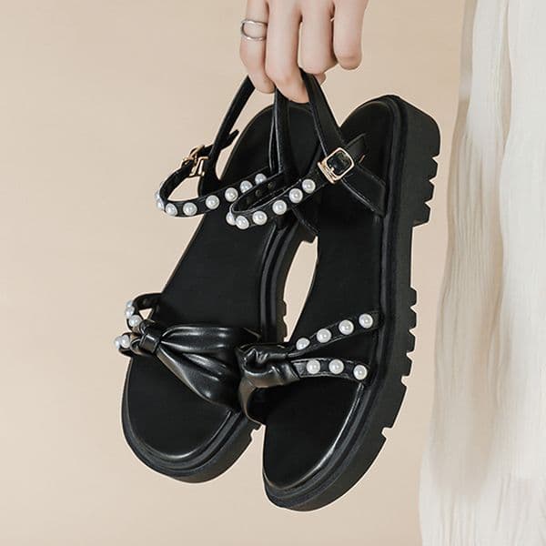 2022 Gladiator Sandals Woman Platform Shoes Pearl Belt Bow Muffin Slippers Femme Slingback Ankle Strap Sandales Beach Flipflops