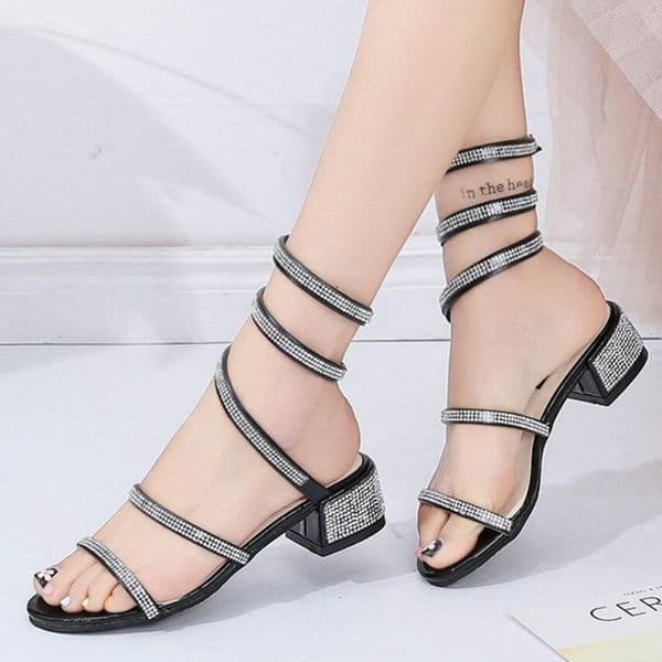 snake pattern cross leg crystal sandals women rhinestone thick heels gladiator sandalias double band glitter sequins slipper 226
