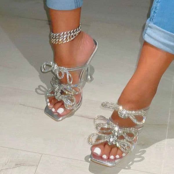 Fashion Liyke Gold Glitter Rhies New Women Slippers Summer Crystal Bowknot High Heels Party Prom Shoes PVC Transparent Sandals fb3a