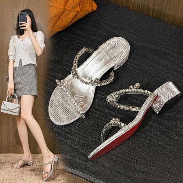 2025 Gold/Sier Crystal Med-High Heels Slippers Woman Two Band Sandals Sexy Open Toe Wedges Slides Bridal Wedding Shoe 8950