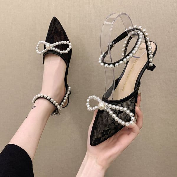 sexy ladies pointed toe lace summer shoes pearl strings bowtie high heels sandals women ankle strap slingbacks gladiator sandals