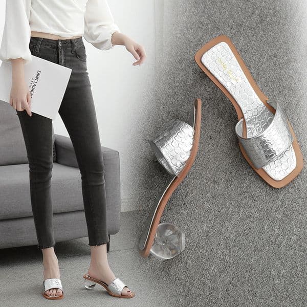 black/silver crocodile pattern slippers women crystal round ball heels flip flops ladies open toe mules slides chanclas mujer