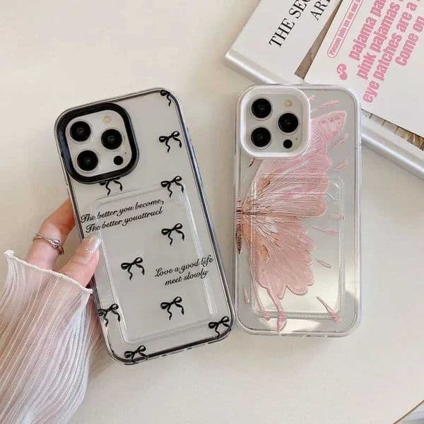 Cartoon Butterfly Card Bag Phone Case Suitable for iPhone 11 12 14 15 Pro Max Soft Back Cover Suitable for iPhone X XR XS Max 7 8 Plus 6 6s M240902