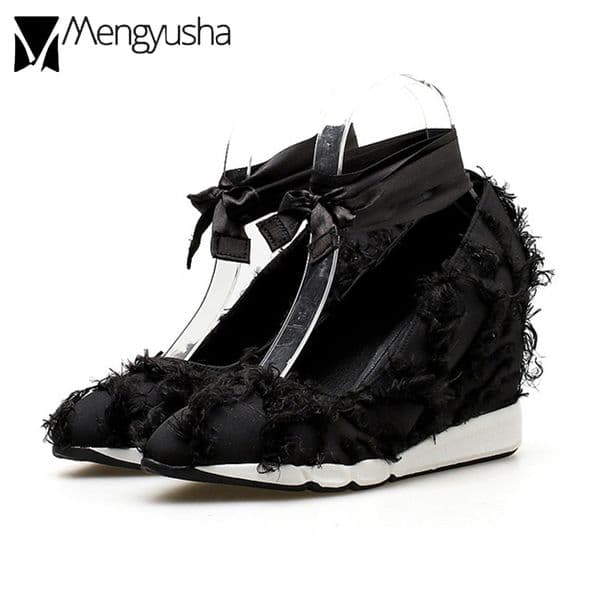 2025 new toe wedges pointed 71fd4 new women thick bottom feather decorate shallow mouth silk riband cross-tied pumps fashion casual shoes zhanyishengli