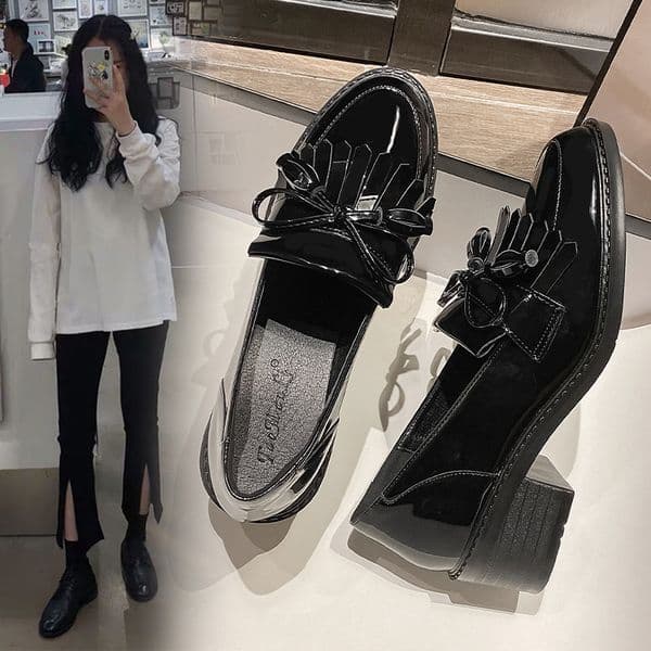 British pointed toe tassel pumps med-high heels japanned leather bowtie oxford shoes woman fringe brugues chaussu e0ef