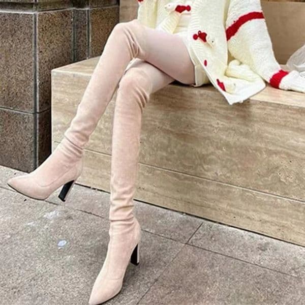 Women's Nude Color Winter Knee High Boots Pointed Toe Black High Heel Women's Boots Banquet Women's Shoes