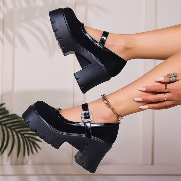 Crystal Buckle Mary Janes Shoes Woman Spring 2024 Patent Leather Chunky Platform Pumps Women Ankle Strap Thick Heels Black Pumps