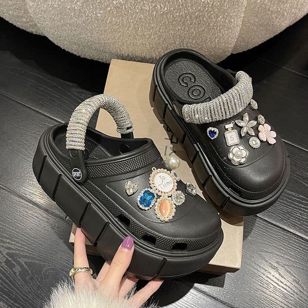 Rhie Bg DIY Decor Vented Clogs Women Fashion Slides Platfrom Outdoor Beach Sandals Summer Girls Street Slippers 2a
