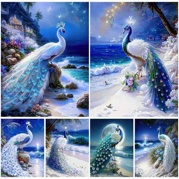 Peacocks On A Beach At Night Personality DIY Full Drill Diamond Decorative PaintingXJ240816