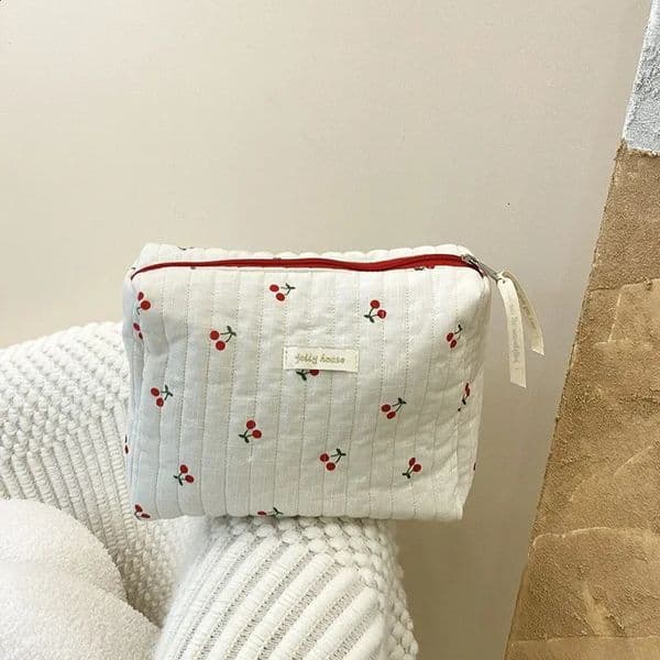 Quilted Cotton Ladies Travel Storage Bag Retro Cherry Womens Cosmetic Bags Cute n Girls Pencil Case Makeup Handbags 240903