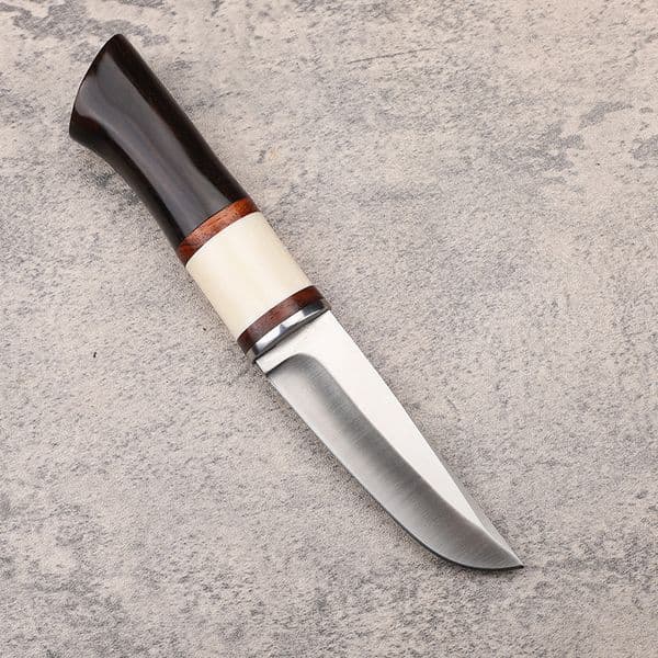 A9418 Survival Straight Knife 5Cr13Mov Satin Drop Point Blade Ebony/Bone/Steel Head Handle Outdoor Hunting Fishing Fixed Blade Knives with Leather Sheath