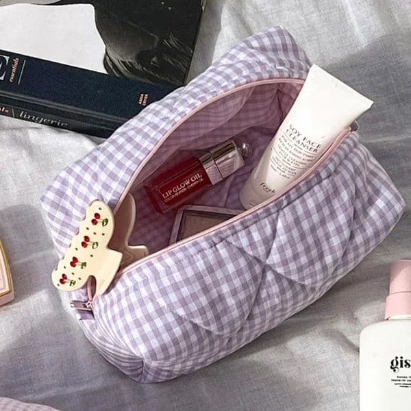 Fashion Checkered Floral Makeup Bag Large Capacity Portable Cosmetic Storage Cotton Quilted Wash Skincare Pouch 240904