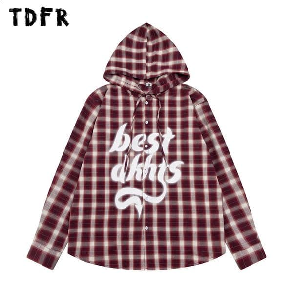 Letter Print Hooded Shirt Mens Autumn Street Clothing Single Chest Round Hem Long Sleeve 240902