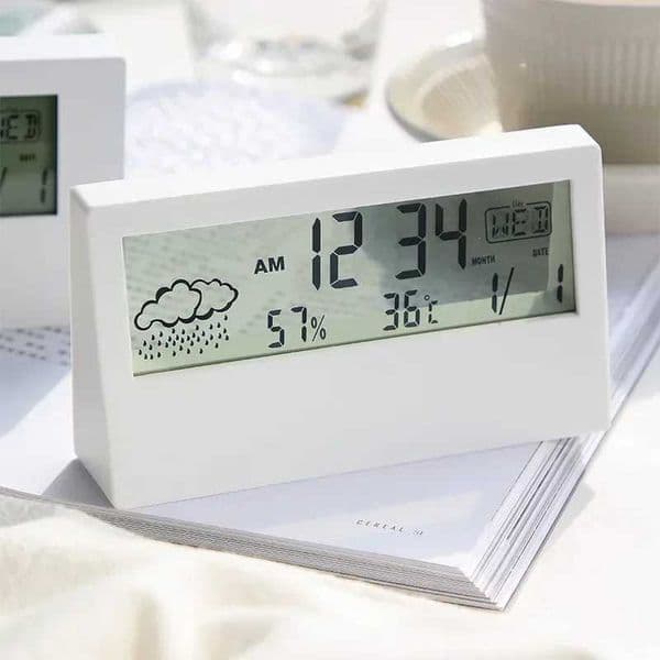 LCD Electric Desk Alarm Clock White with Calendar and Digital Temperature Humidity Modern Home /Office Watch Battery Operated Y240904