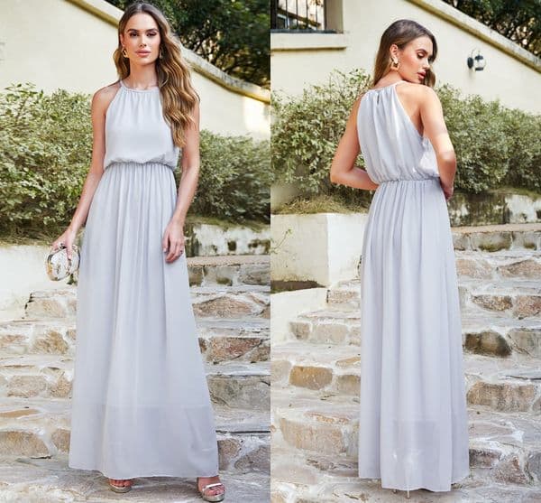 Designed Summer Simple Sier Bridesmaid Dresses Chiffon Long Maid Of Honor Gowns A E Halter Neck Dark Navy Wedding Guest Dress Cps