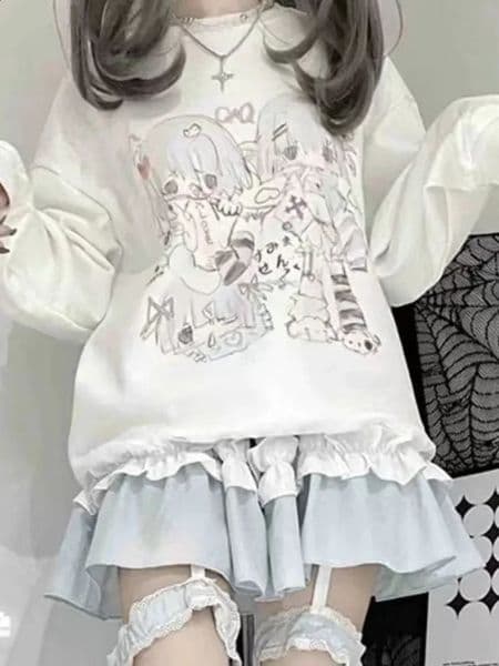 Deeptown Y2k Japanese Harajuku Anime White Hoodie Kawaii Cute Cartoon Street Clothing School Student Sportswear Long Sleeve Top 240905