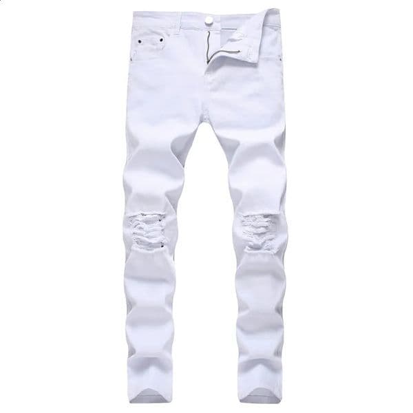 Men Fashion Ripped Stretch Skinny Jeans Trousers Male Destroyed Solid Sim Fit Jogging Pencil Denim Pants 240905