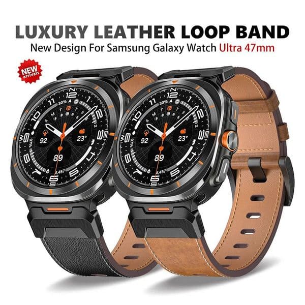 For Samsung Galaxy Watch 7 Ultra Band Rugged Mecha Leather Strap Stainless Steel Metal Connector Bracelet for Galaxy Watch Ultra 47mm Smartwatch Wristband for Men