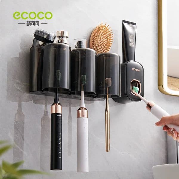 Ecoco wall mounted toothbrush holder cup holder automatic dental pad dispenser multifunctional bathroom accessory organizer stand 240903
