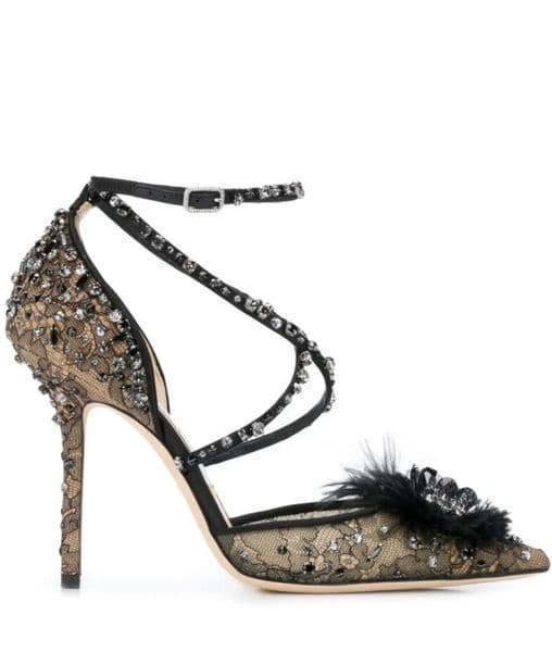 Woman sandal bride high heels Odette 100mm Embroidered Crystal Feather strappy Heel luxury designer pumps pointed toe mesh lace with Ostrich-hair black nude