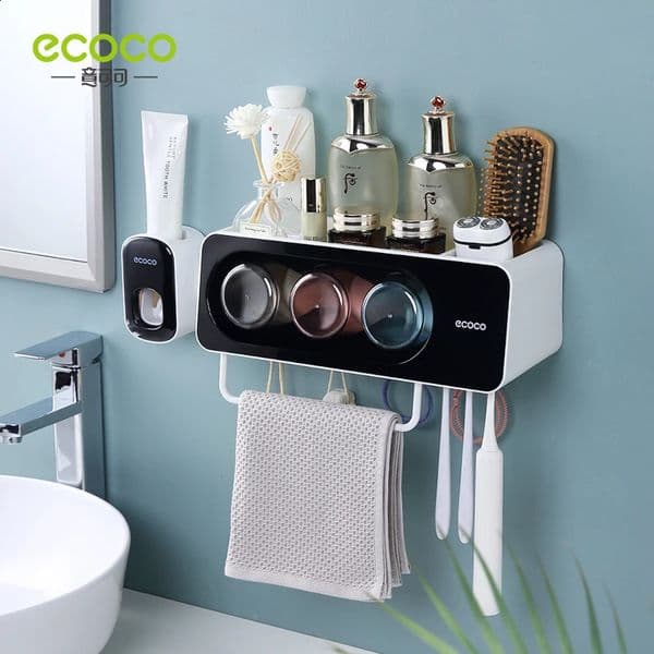 Ecoco toothbrush towel bar bathroom wall mounted shelf punch press brushless mouth toothbrush cup toothbrush squeeze storage rack 240903