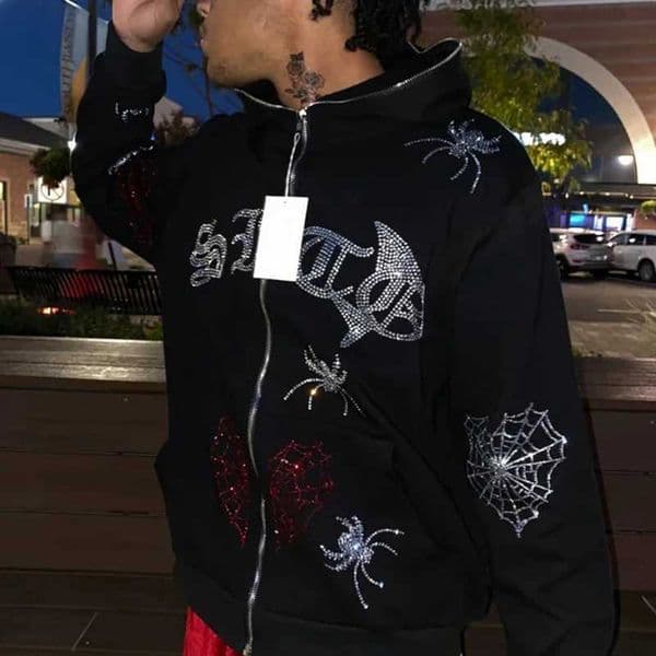 Mens Hoodies Sweatshirts Rhinestone Spider web hoodie sweatshirt zipper warm Harajuku punk grunge y2k clothing women Hip hop sweatshirt Hoodie Gothi Y240905OPN1