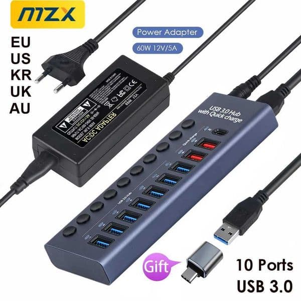 MZX USB A 3.0 Hub Aluminum Multi Port Divider Hub Fast PD Charger Power Adapter C Multi Expansion Hub with Switch CL240905