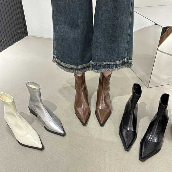 2024 New Womens Ankle Boots Spring/Summer Fashion Pointed Toe Womens Short Boots Slip on Square Low Heel Womens Boots CL240906