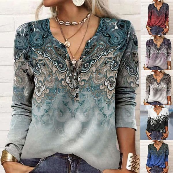 2022 Autumn and Winter New Womens Long Sleeve Printed Ethnic Fashion T-shirt Women