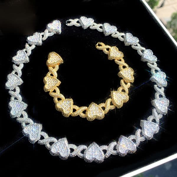Hip Hop Heart Shape Cuban Chain Necklace Bracelet Gold Plated Women Jewelry Set