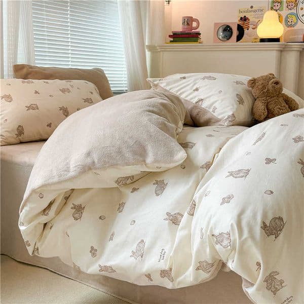 Small Fresh AB Face Pure Cotton Milk Velvet Four Piece Set for Autumn and Winter with Velvet Three Piece Set Flannel Quilt Cover Bed Sheet X240907