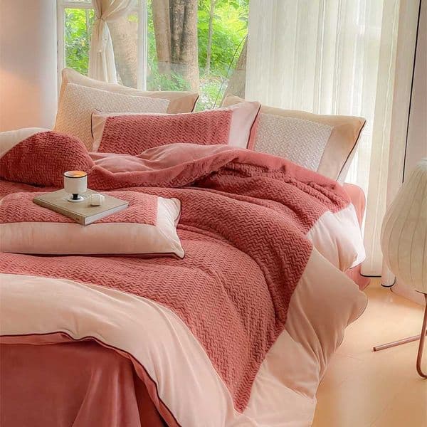 Small Fresh Autumn and Winter Thick Rabbit PLUSH Four Piece Set Simple Color Quilt Cover Warm Milk PLUSH 1.8m BeddingX240907