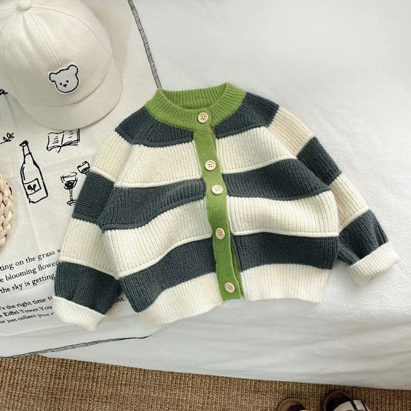 Spring Clothing Childrens Striped Knitted Long Sleeve Sweater Fashion Girls Baby Open Coat Cotton Boys Casual Top 24906