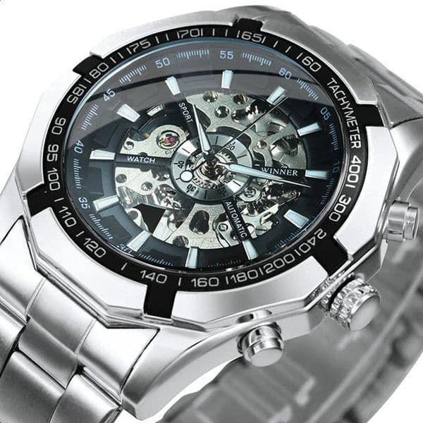 Winner Watch Men Skeleton Watches Stainless Steel Band Automatic Mechanical Wristwatches Men Reloj Hombre Relogio Masculino 240906