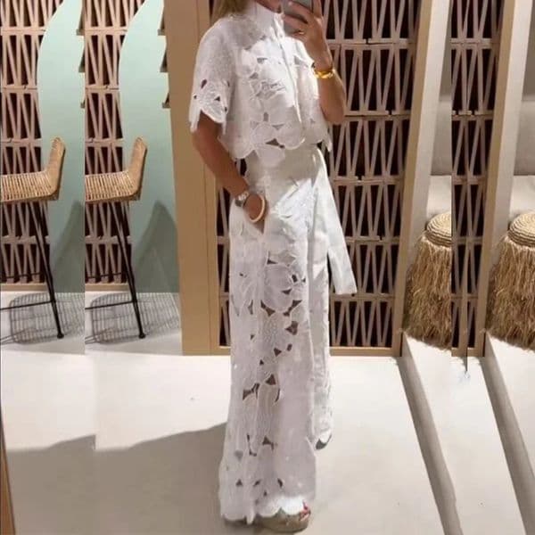 Womens hollow 2-piece lace dress embroidered retro temperature set elegant button short sleeved shirt top and tie pants set 240903