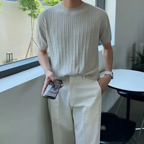 Men Clothing 2024 Short Sleeve Knit T-shirt Summer Mens Korean Version Loose Half Sleeve Solid Color Round Neck T-shirt Base 240906