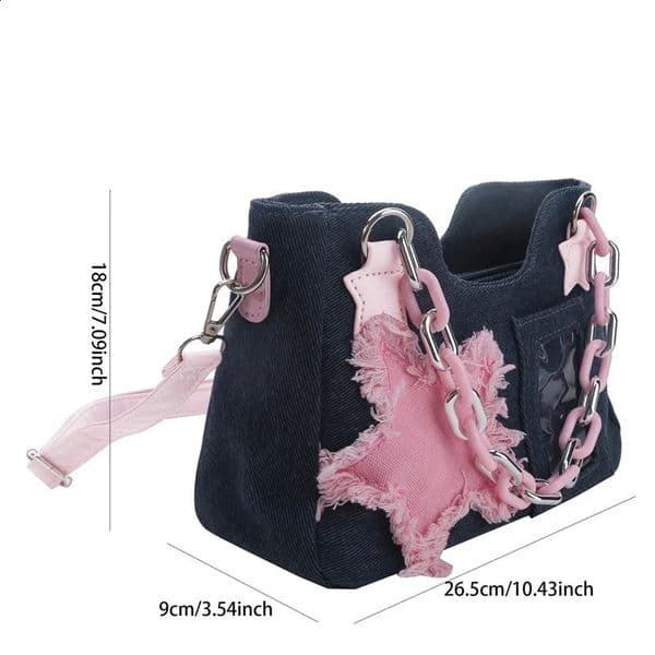 Y2K Vintage Shoulder Bag Korean Fashion Underarm Harajuku Star Tote Denim Chain Ladies Bags Zip Purses Handbag 240907