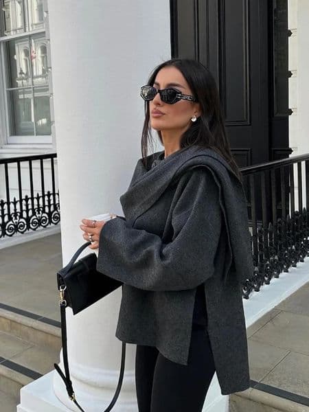 Women Fashion Scarf Decorated Woolen Jacket Casual Solid Long Sleeve Loose Warm Overcoat Autumn Winter Lady Chic Coat 240904