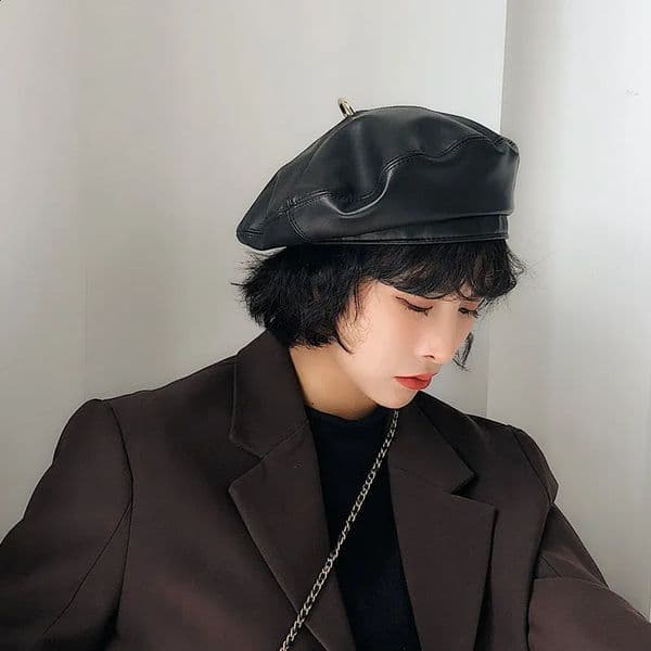 Women Pu Leather Beret French Artist Spring Beanie Hat Cap Vintage Plain Hats Solid Color Elegant Lady Caps 240906