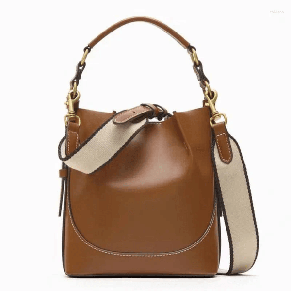 Drawstring Fashion Brown Handbag Crossbody Wide Shoulder Strap Bucket Bag For Women