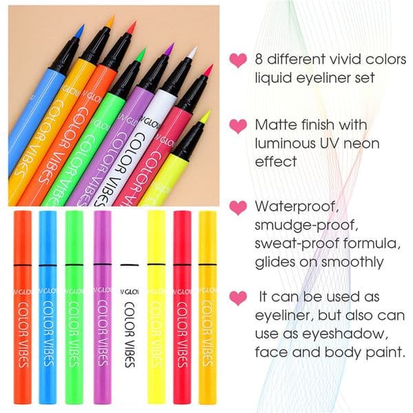 8 Colors UV Liquid Eyeliner , Matte Colored Eyeliners Pen, Colorful Waterproof Smudge-proof Pigmented Graphic Liners Delineador De Ojos Liquido UV